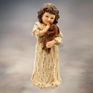 Vintage Girl Holding Rabbit Figurine Quiet Pose Cottagecore Easter Decor 8 Inch